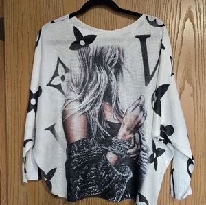 Pomelo White Sweater Top with Black Graphic Print